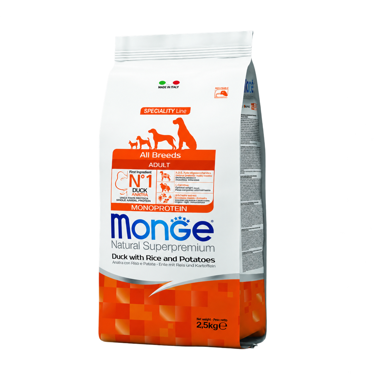MONGE Natural Superpremium All Breeds Adult, kachna s rýží a bramborami, 2,5 kg