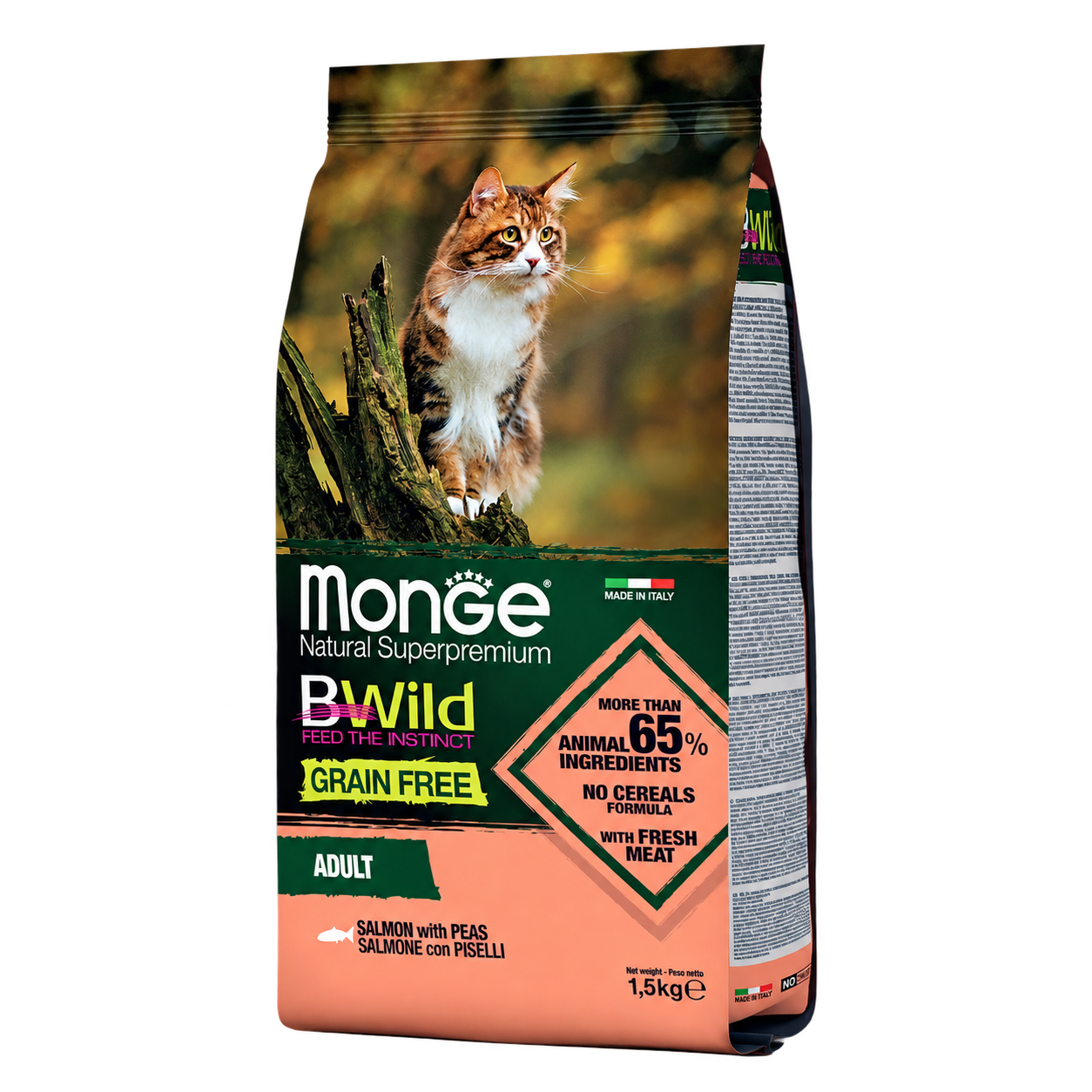 MONGE BWild Cat Grain Free Adult, losos s hráškem, 1,5 kg