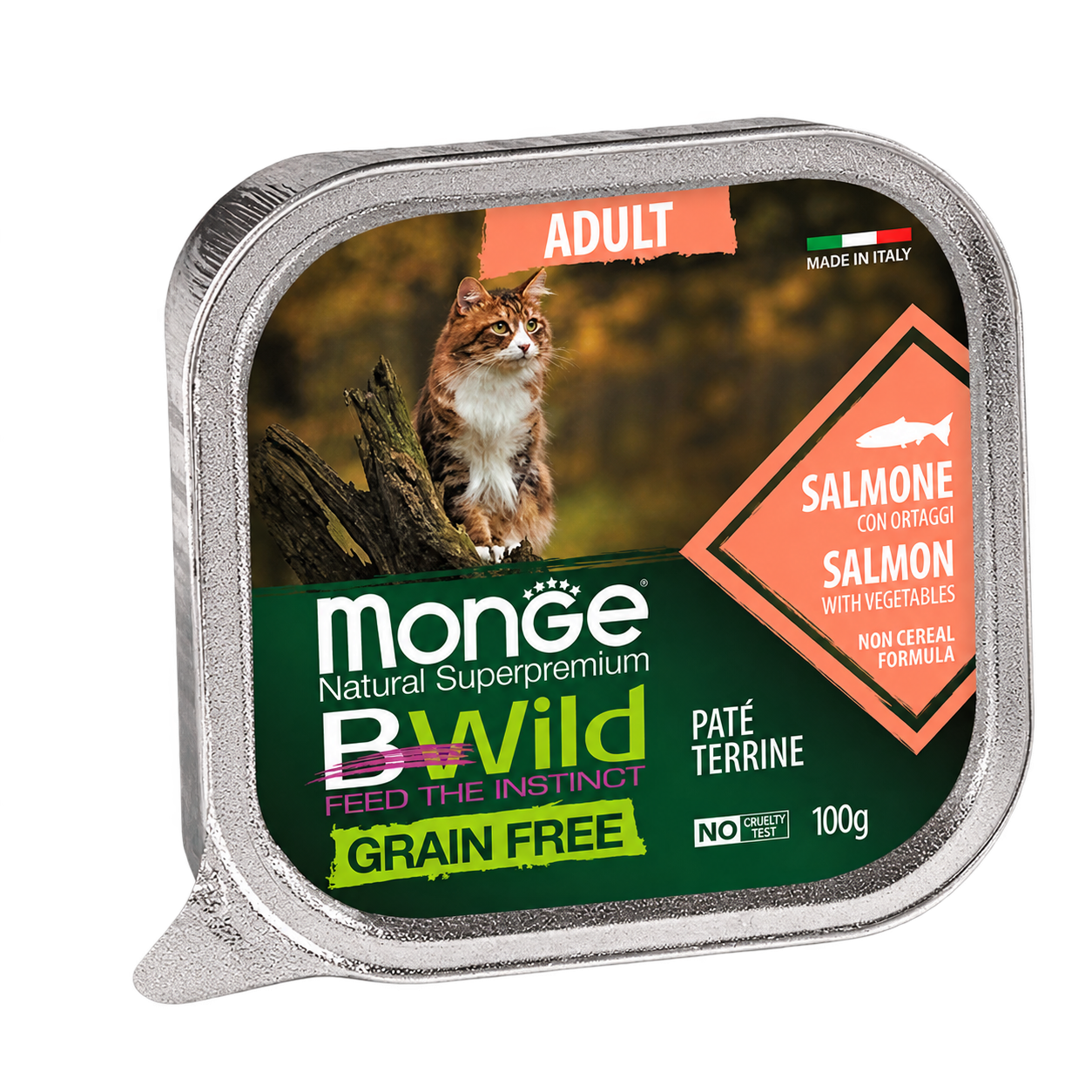 MONGE BWild Cat Grain Free Adult, losos se zeleninou, vanička 100 g