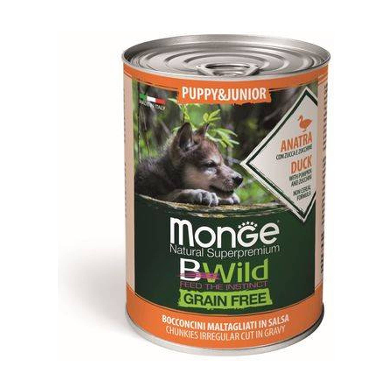 MONGE BWild Grain Free Puppy & Junior 400g bezobilninové vlhké krmivo pre šteňatá kačacie kúsky v omáčke s tekvicou a cuketou