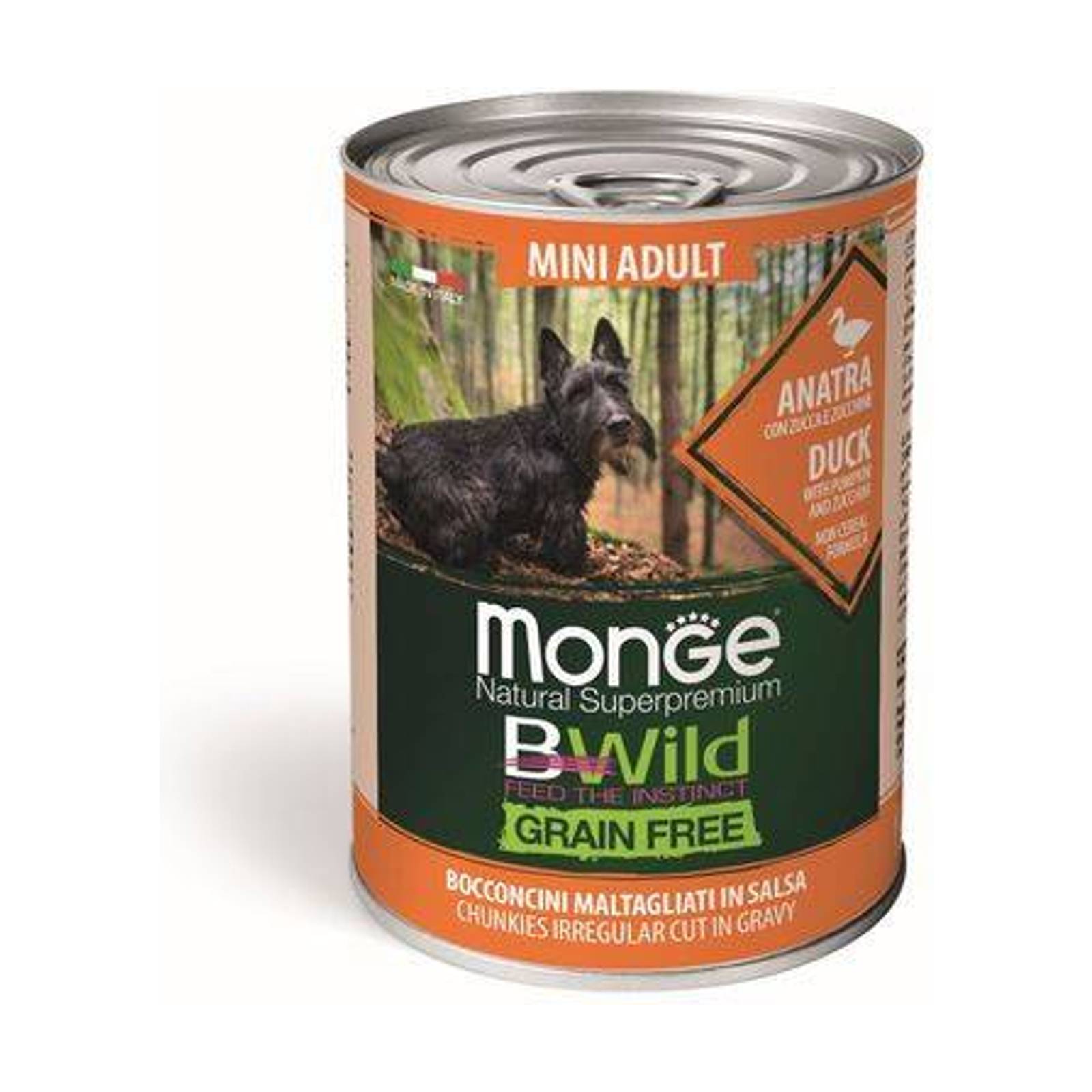 MONGE BWild Grain Free Adult Mini 400g bezobilninové vlhké krmivo pre dospelých psov malých plemien kačacie kúsky v omáčke, s tekvicou a cuketou