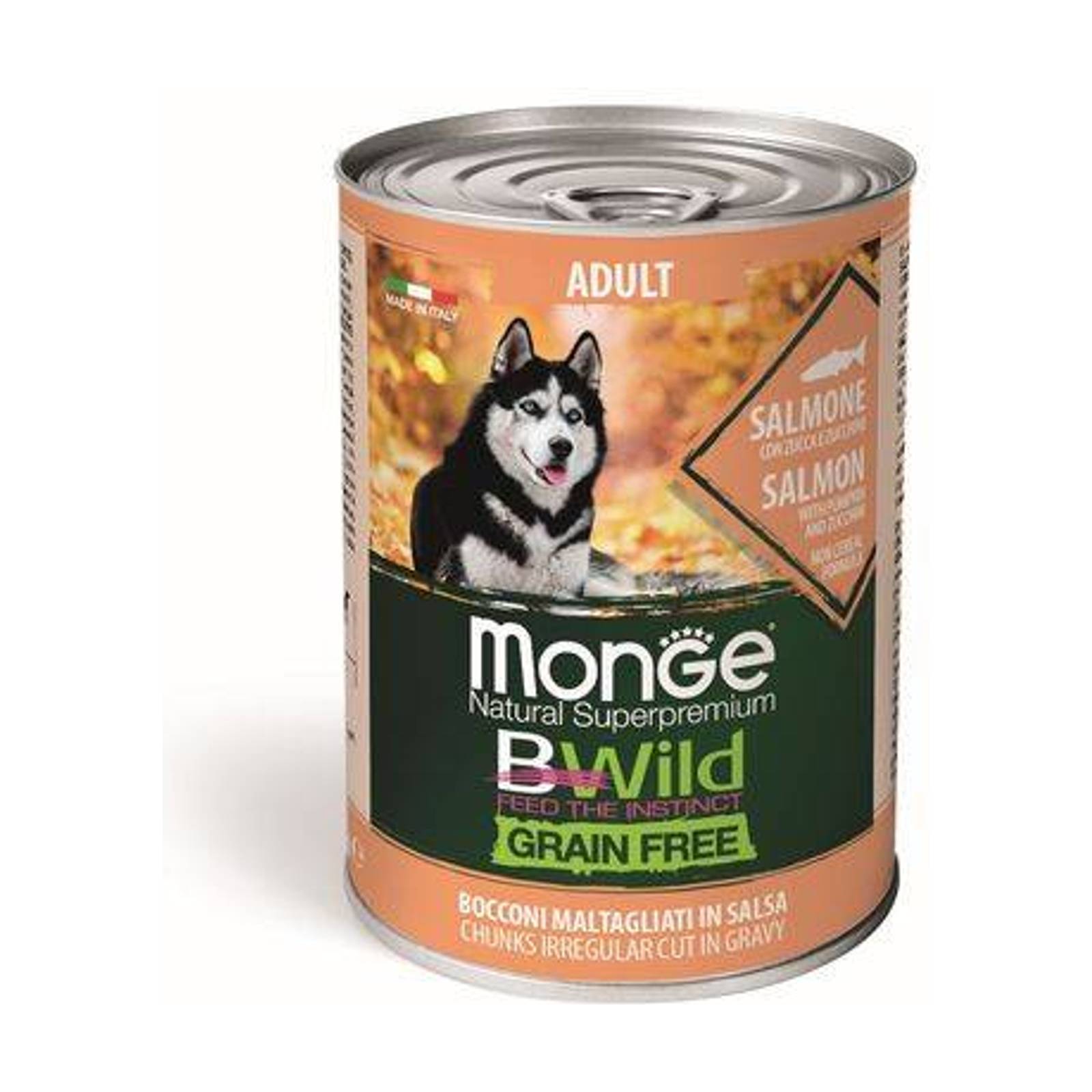 MONGE BWild Grain Free Adult 400g bezobilninové vlhké krmivo pre dospelých psov lososové kúsky v omáčke s tekvicou a cuketou
