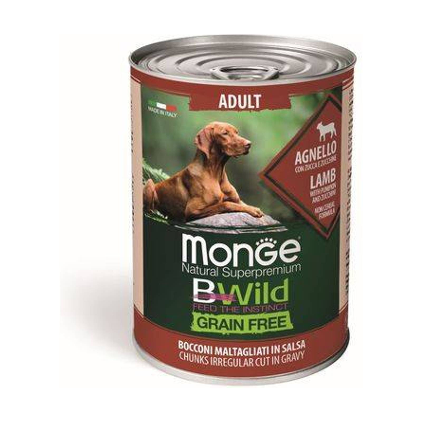 MONGE BWild Grain Free Adult 400g bezobilninové vlhké krmivo pre dospelých psov jahňacie kúsky v omáčke s tekvicou a cuketou