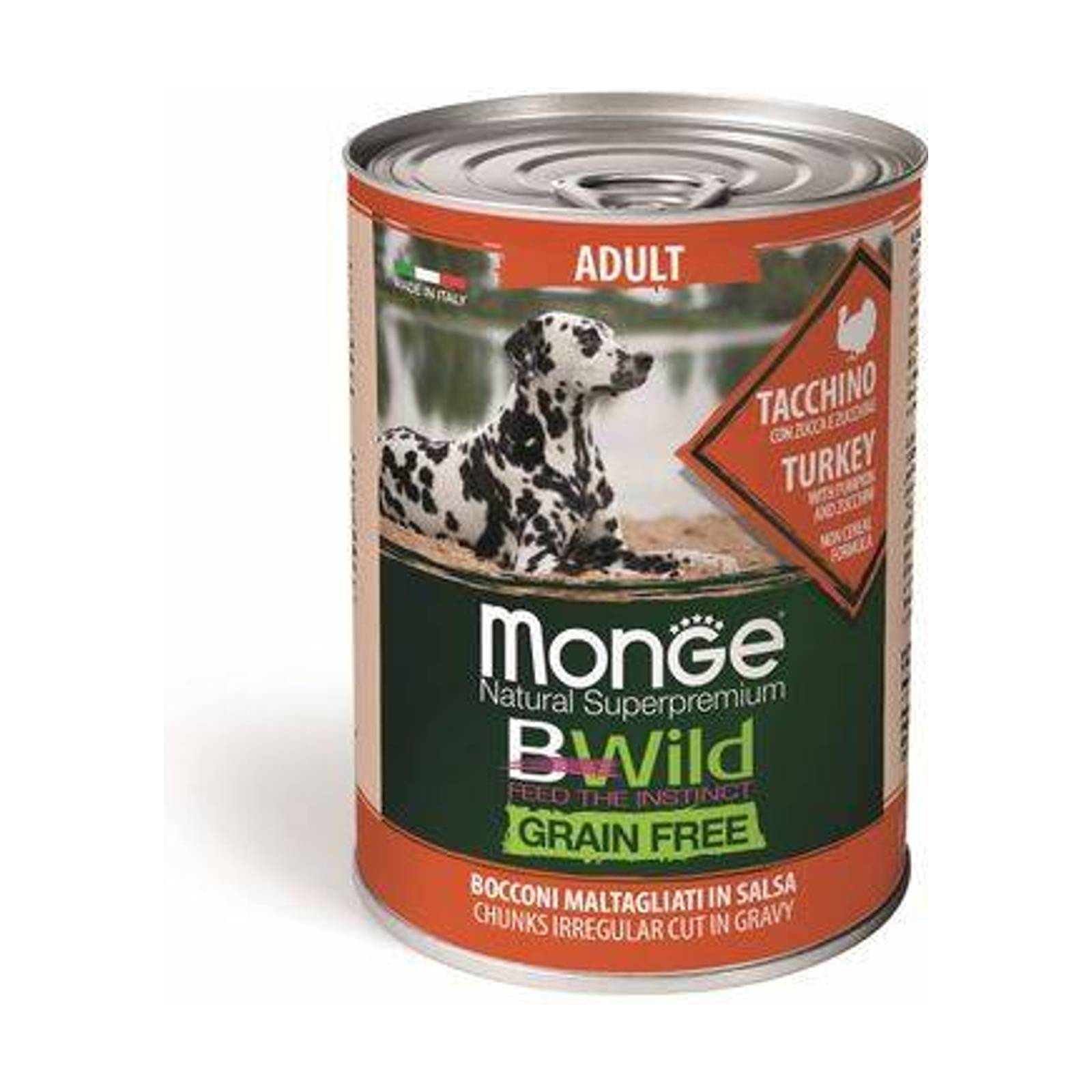 MONGE BWild Grain Free Adult 400g bezobilninové vlhké krmivo pre dospelých psov morčacie kúsky v omáčke s tekvicou a cuketou