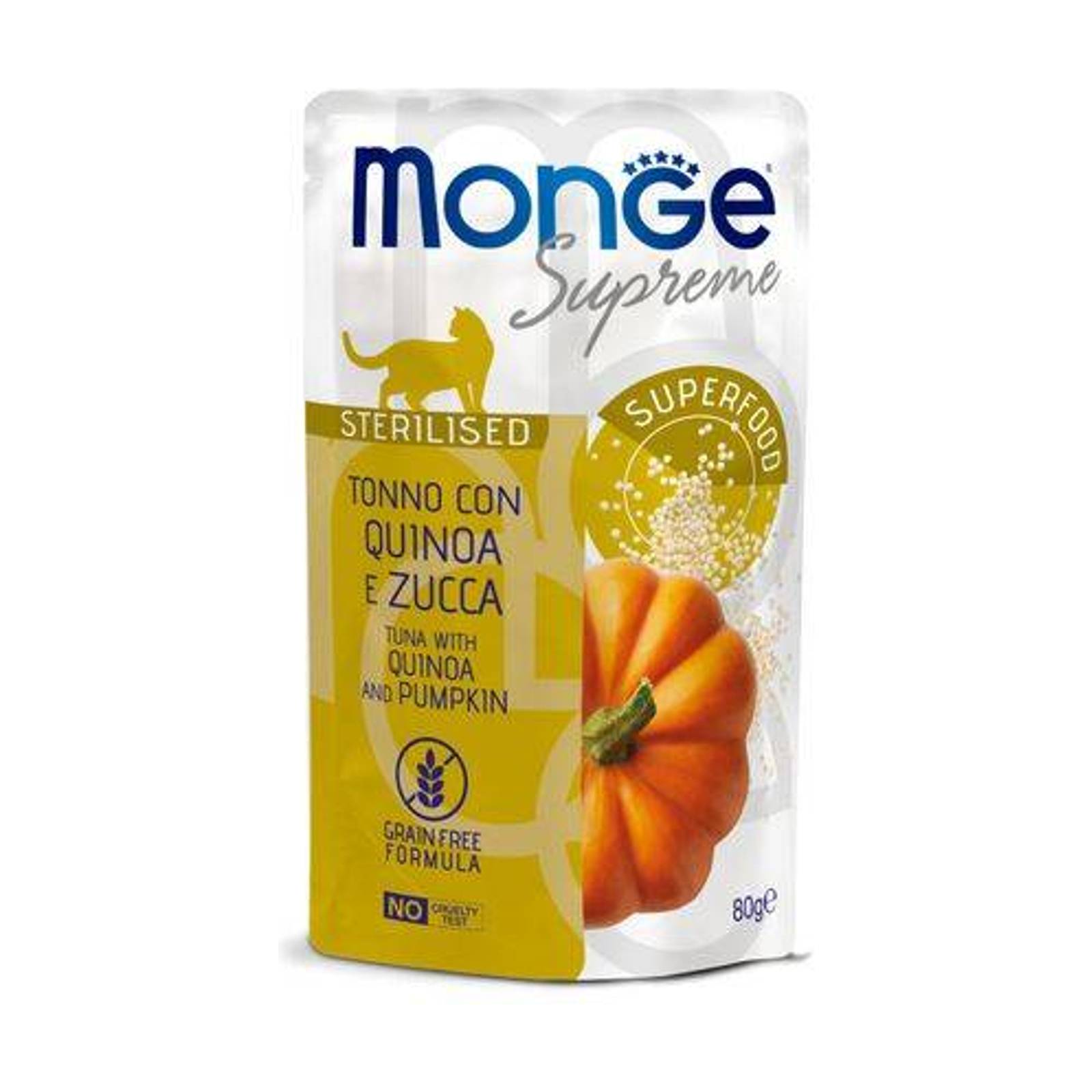 MONGE Supreme Sterilised 80g kapsička tuniakové kúsky s quinoou a tekvicou pre sterilizované mačky