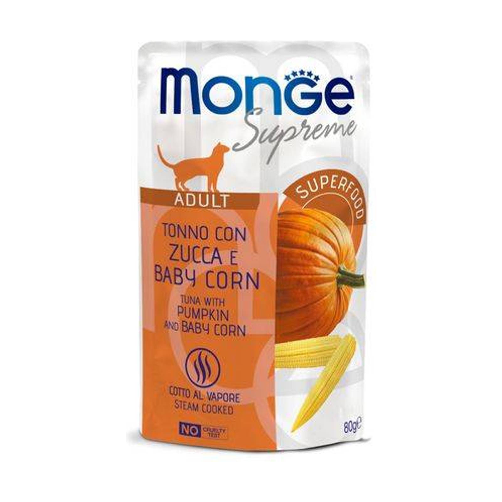 MONGE Supreme Adult 80g kapsička tuniakové kúsky s tekvicou a mladou kukuricou pre dospelé mačky
