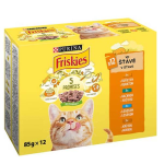 FRISKIES Mačka 12x85g kuraťom, kačicou, lososom, moriakom krmivo v šťave